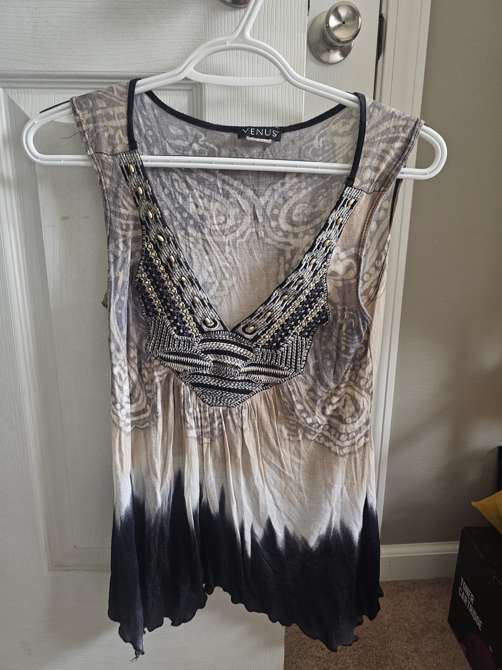 VENUS Beige to Black Ombre Embellished Tank Top